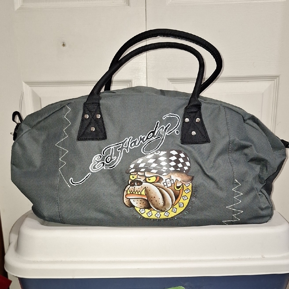 NWOT Medium Ed Hardy Gray Canvas Duffel Bag with Iconic Bulldog Design